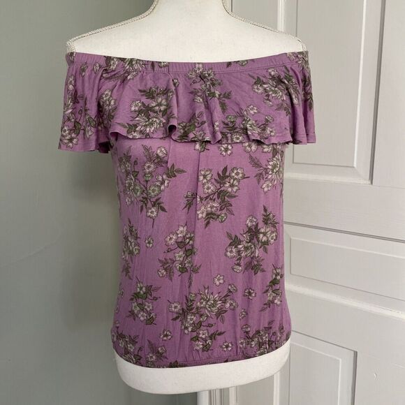 Junior Medium Self Esteem T Shirt Tee Top Purple Floral Ruffle Soft Off Shoulder - Picture 1 of 4